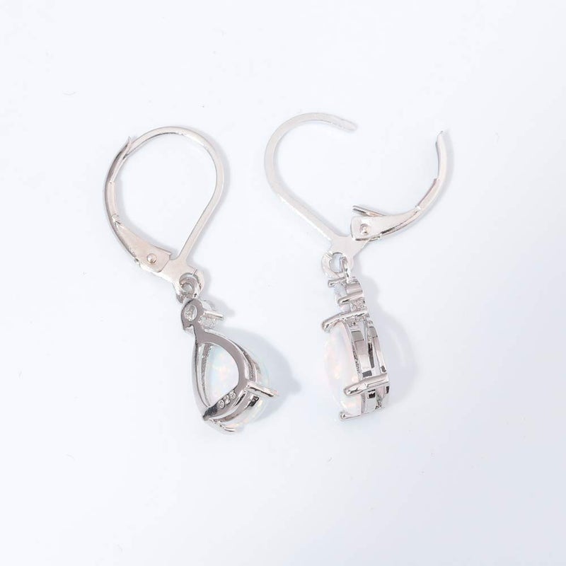 CiNily Womens Opal Dangle Earrings Leverback Drop Earrings 14K White Gold Plated Teardrop Gemstone Earrings - Image 5